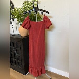 Baltic born clay smocked midi off shoulder dress